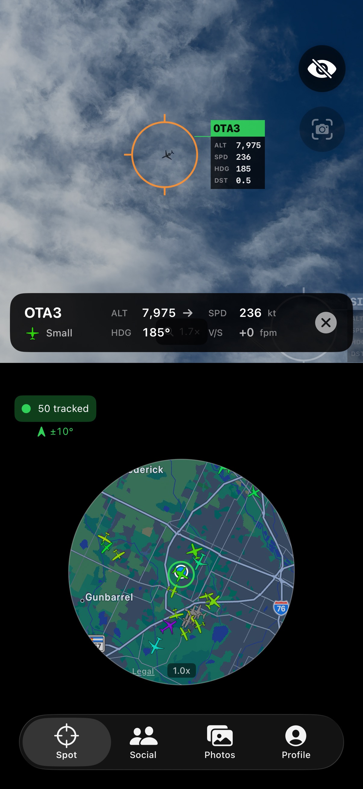 SkySpottr AR interface aircraft tracking