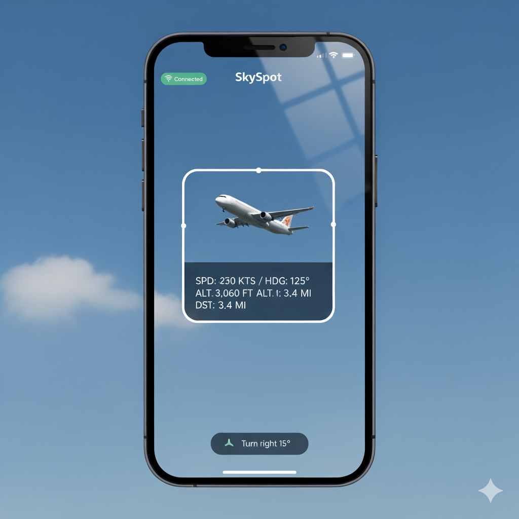 SkySpot AR interface showing aircraft tracking with real-time telemetry and directional guidance