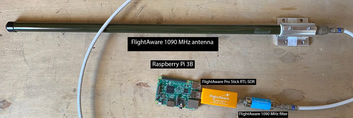 Complete ADS-B receiver chain showing FlightAware antenna, 1090 MHz bandpass filter, and Pro Stick dongle